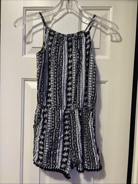 Girls Black & White Striped Printed Spaghetti Romper